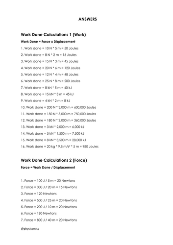 GCSE Physics Worksheets [W = Fs] Work Done Calculations w solutions