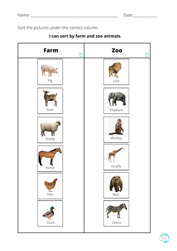 Farm and zoo animals sorting activity worksheet