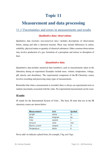 Topic 11 : Measurement and data processing (IB)