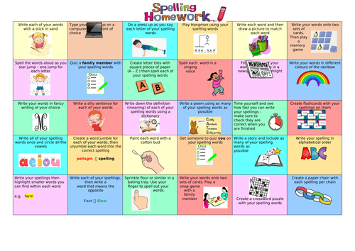 Year or Term Spelling Homework Grid