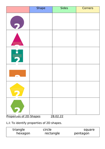 Properties of 2D Shape Worksheets (Differentiated)
