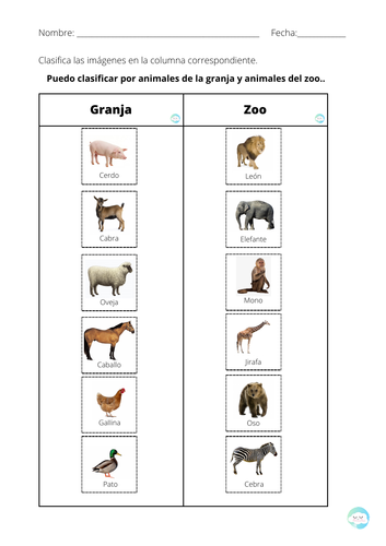 Ficha de clasificación de animales de la granja y del zoo
