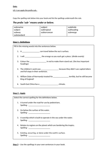 Spelling - Prefix 'sub-' Worksheet