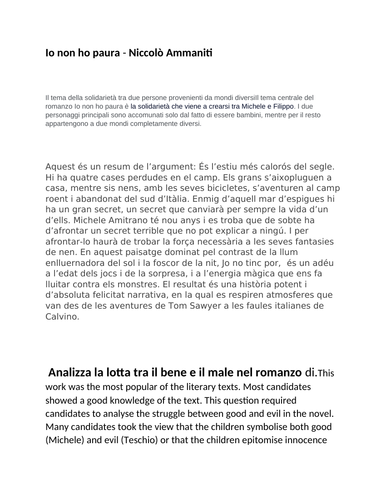 A level italian: Io Non Ho Paura: a bank of essay questions; some indicative content