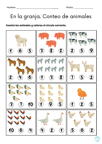 Ficha de conteo de animales de la granja (1-10)