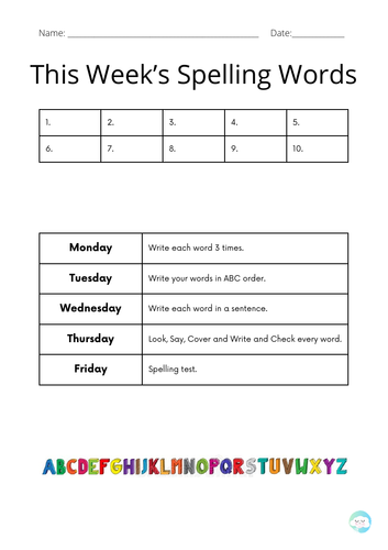 This Week's Spelling Words (Pack of activities)