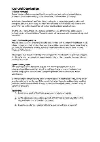 GCSE Sociology: Cultural Deprivation