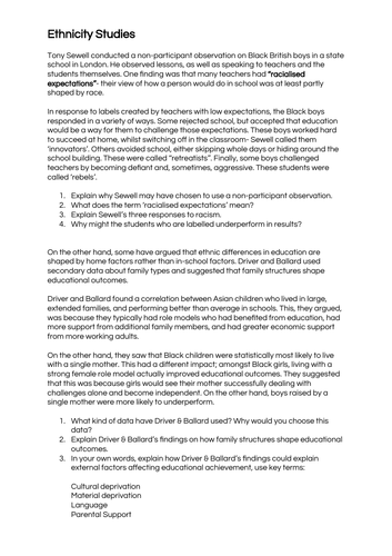 GCSE Sociology: Ethnicity and Education