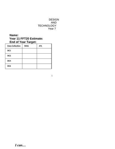 Year 7 Design and Technology project and marking booklet.