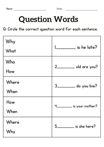 question words worksheet for grade 1 or 2 - wh questions exercises for kids