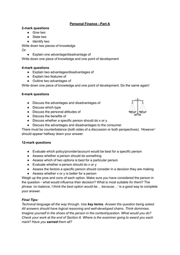 BTEC Level 3 Business Unit 3 Personal Finance Exam Technique and Structure Sheet