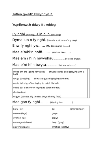 Adnodd Dysgu Mat Ysgrifennu Blwyddyn 2 Cymraeg Iaith Gyntaf Ysgrifennu Brawddegau "Fy nghi"