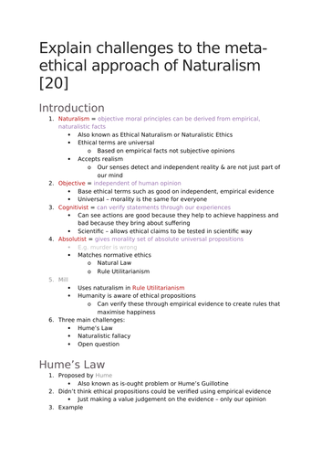A-Level RS: Naturalism Essay + Model + Plan - Eduqas Ethics 20 Marker