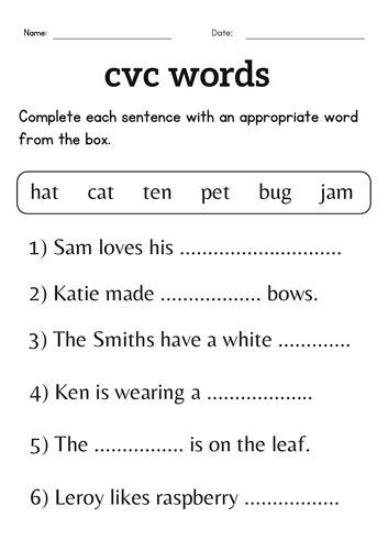 missing letter cvc words activity worksheet for grade 1 or 2