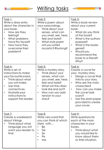 Writing task bingo