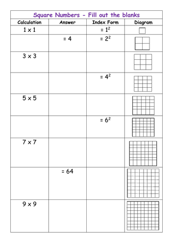 Square numbers, cube numbers and roots - low ability worksheets