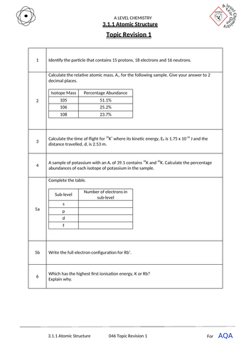 AQA Atomic Structure End of Topic Revision Quick Check Worksheets (x3) for A level Chemistry