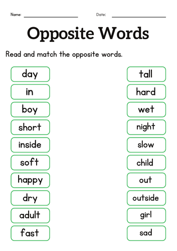 Opposite words worksheet for grade 1 or 2 - kindergarten opposite words for kids