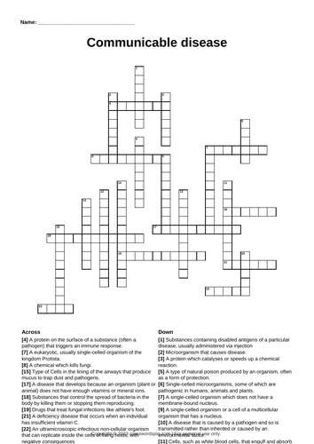 Communicable disease crossword (GCSE)