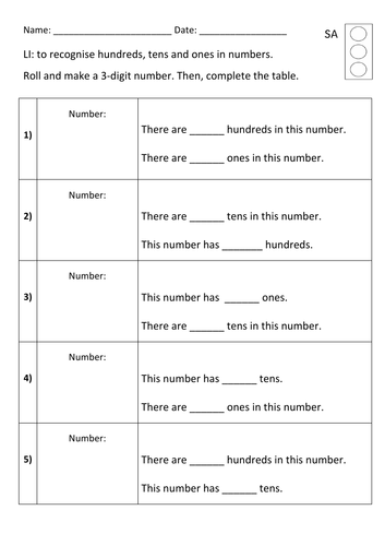 Place Value - Roll and Recognise - 3-digit and 4-digit