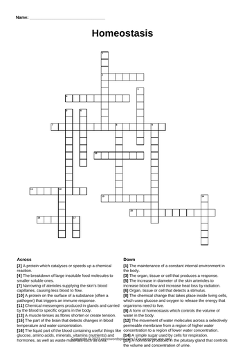 Homeostasis and responsse crossword bundle