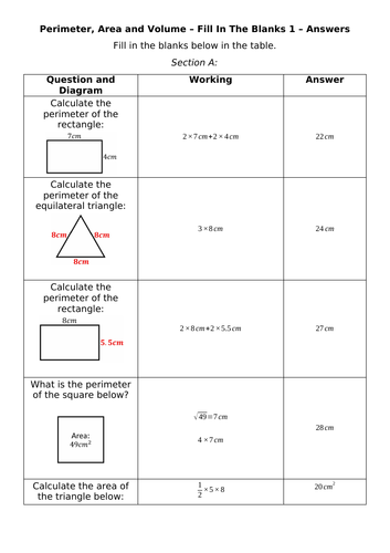 Perimeter, Area, Volume - Fill In The Blanks 1