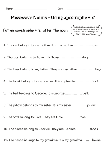 Possession words worksheet for grade 1 or 2 - Possessive apostrophe activity