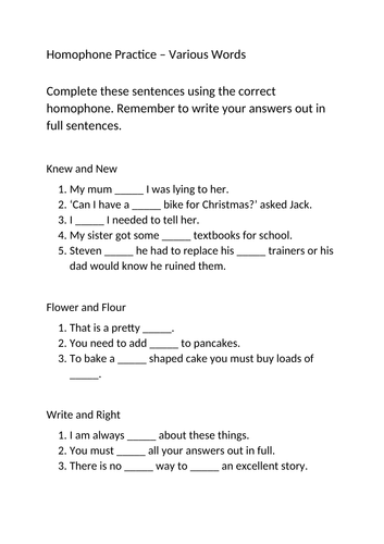 Homophones Practice Worksheets