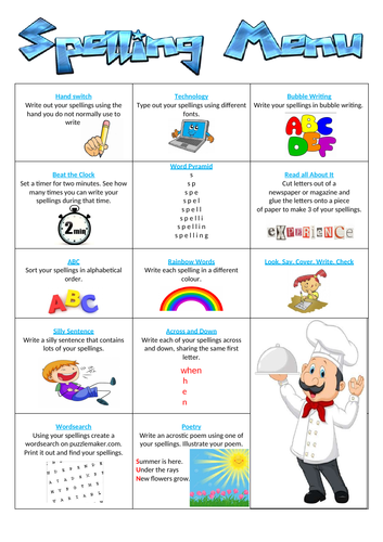 Spelling practice menue