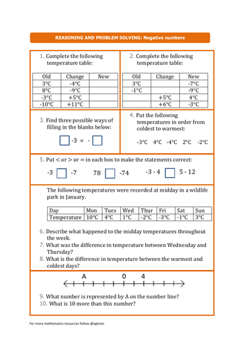 Negative Numbers Word Problems