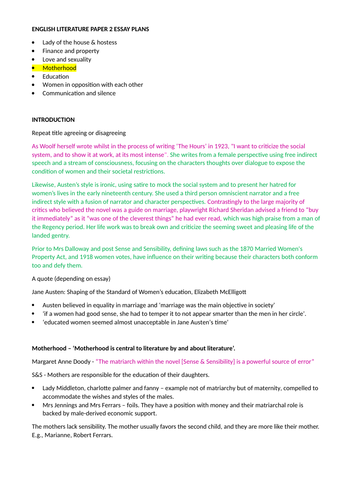A Level English Literature (OCR): Women In Literature Motherhood Detailed, Full Mark Essay Plan