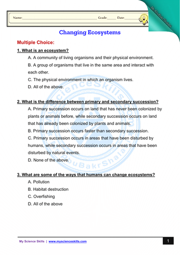 Changing Ecosystems "Worksheet and Answer Key"