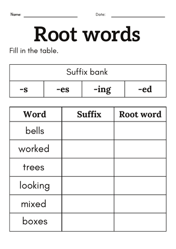 Root words worksheet for grade 1 or 2 - Root words and affixes worksheet for kids