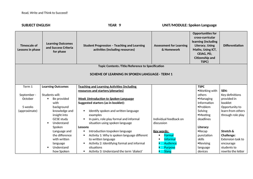 KS3 Spoken Language Booklet and SOW