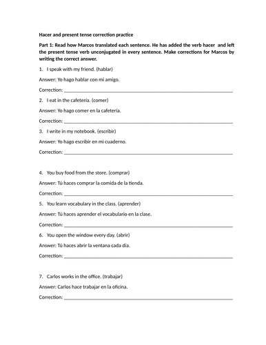 Hacer and present tense correction practice