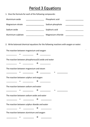 Chemistry A-level Period 3 Equations Worksheet