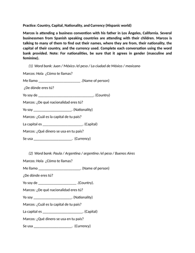 Practice: Country, Capital, Nationality, and Currency (Hispanic world)