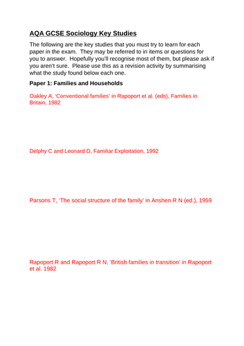 GCSE Sociology Key studies worksheet