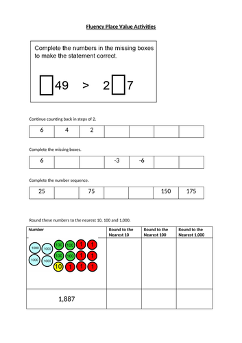 Year 4 Place Value Fluency Skills Sheet