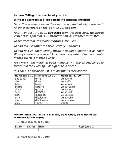 La hora: Telling time structured practice (Spanish)