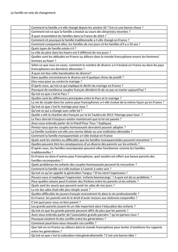 A LEVEL FRENCH AQA La Famille en voie de changement questions and suggested answers