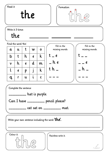 High Frequency Word Activity Sheet (First 10 words)