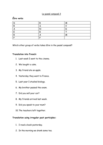 Passé composé worksheet - etre and irregular verbs