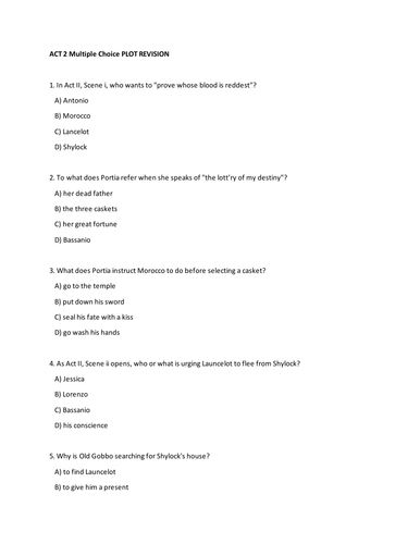 Merchant of Venice Act 2 Multiple Choice Worksheet and Shylock PEE chain