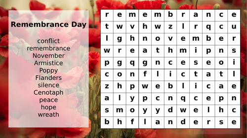 Remembrance/Armistice Day Wordsearch KS2