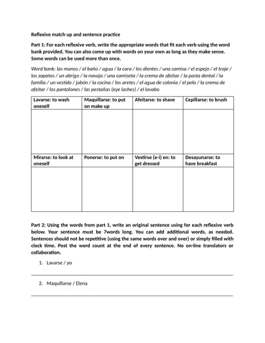 Reflexive verbs match up and sentence practice