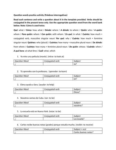 Question words practice activity (Palabras interrogativas)
