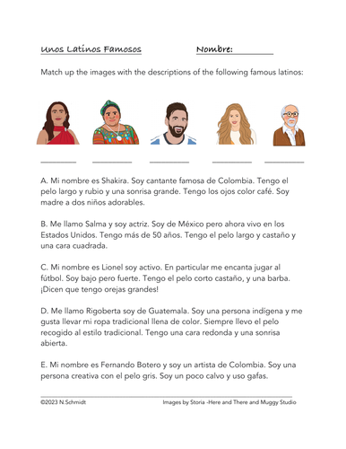 Latinos Famosos - Descripciones: Spanish Worksheet on Descriptions