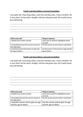 Y7 family and descriptions translation assessment