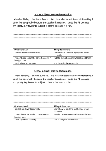 Y7 school subjects assessed translation